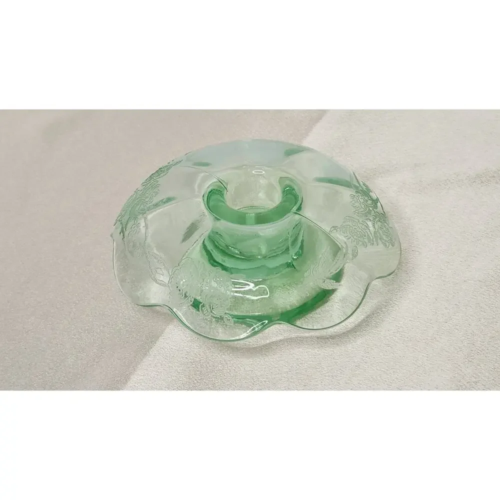 Vintage Paden City Peacock Wild Rose Green Glass Mushroom Candlestick READ